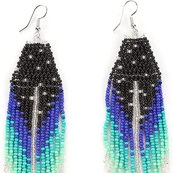 Long 5" Turquoise Blue & Black Beaded Large Oversized Bohemian Handmade Earrings - Picture 4 of 9